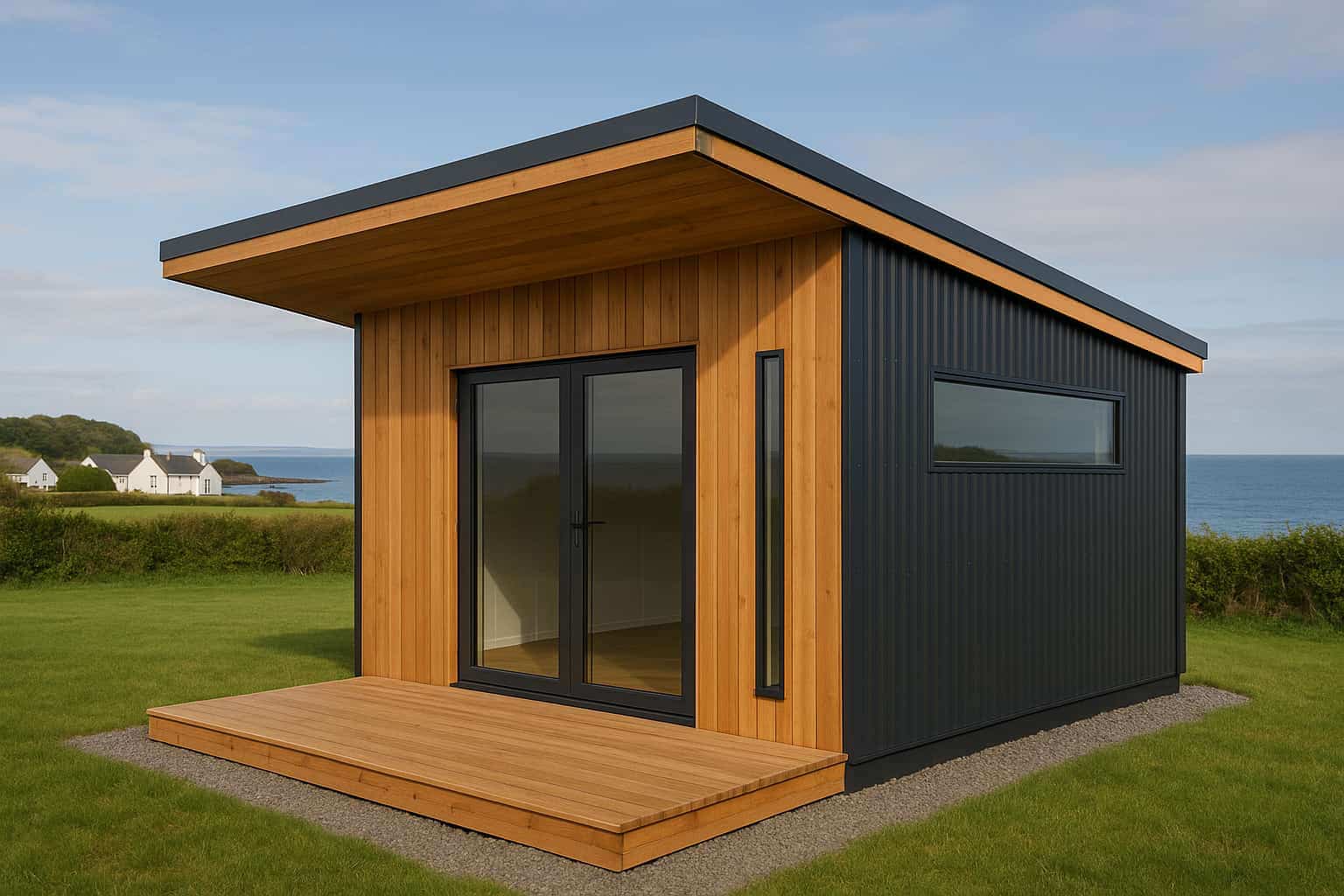 Modern Garden Office workspace with flat roof and sleek design.