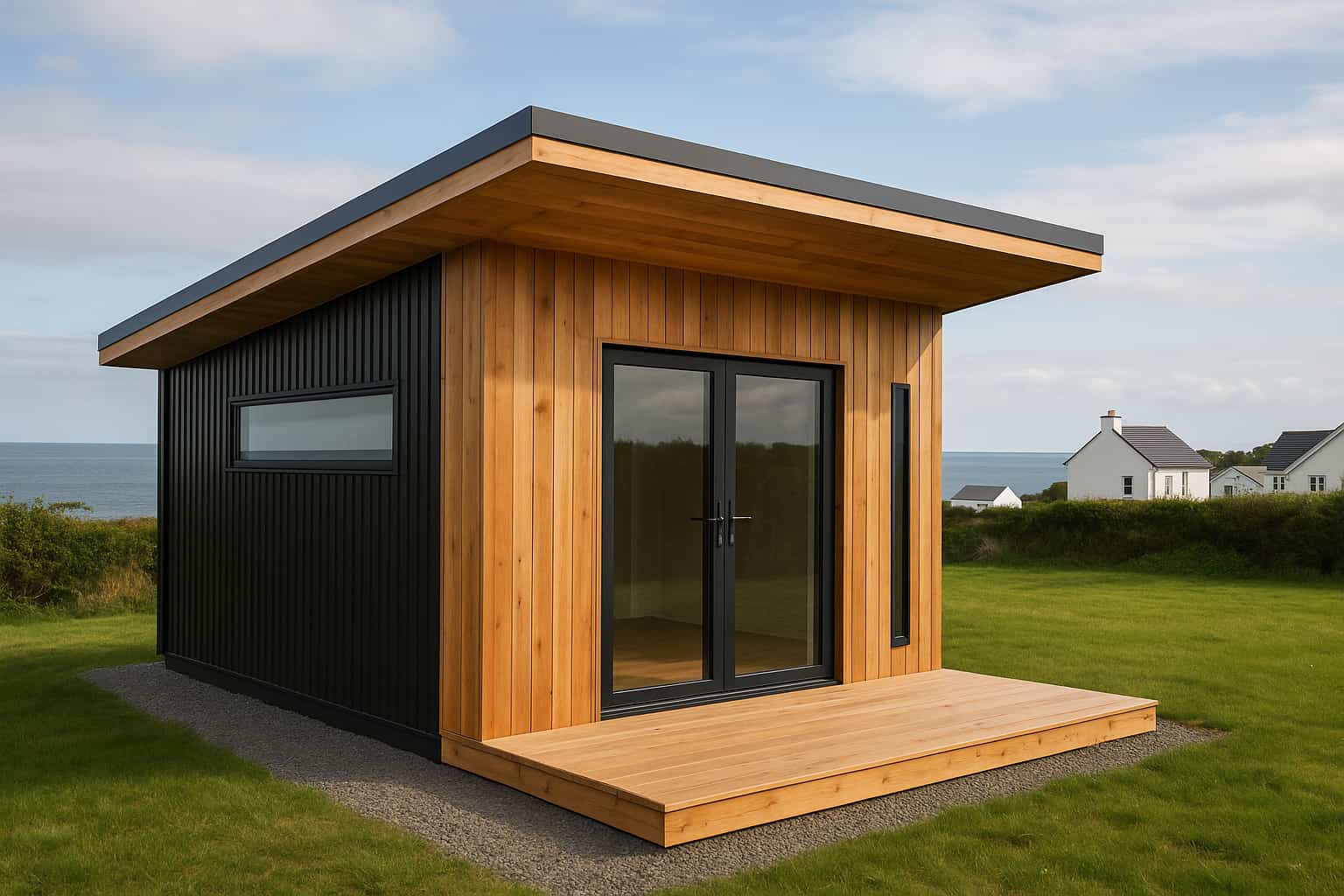 Stylish Garden Office with large windows and timber cladding